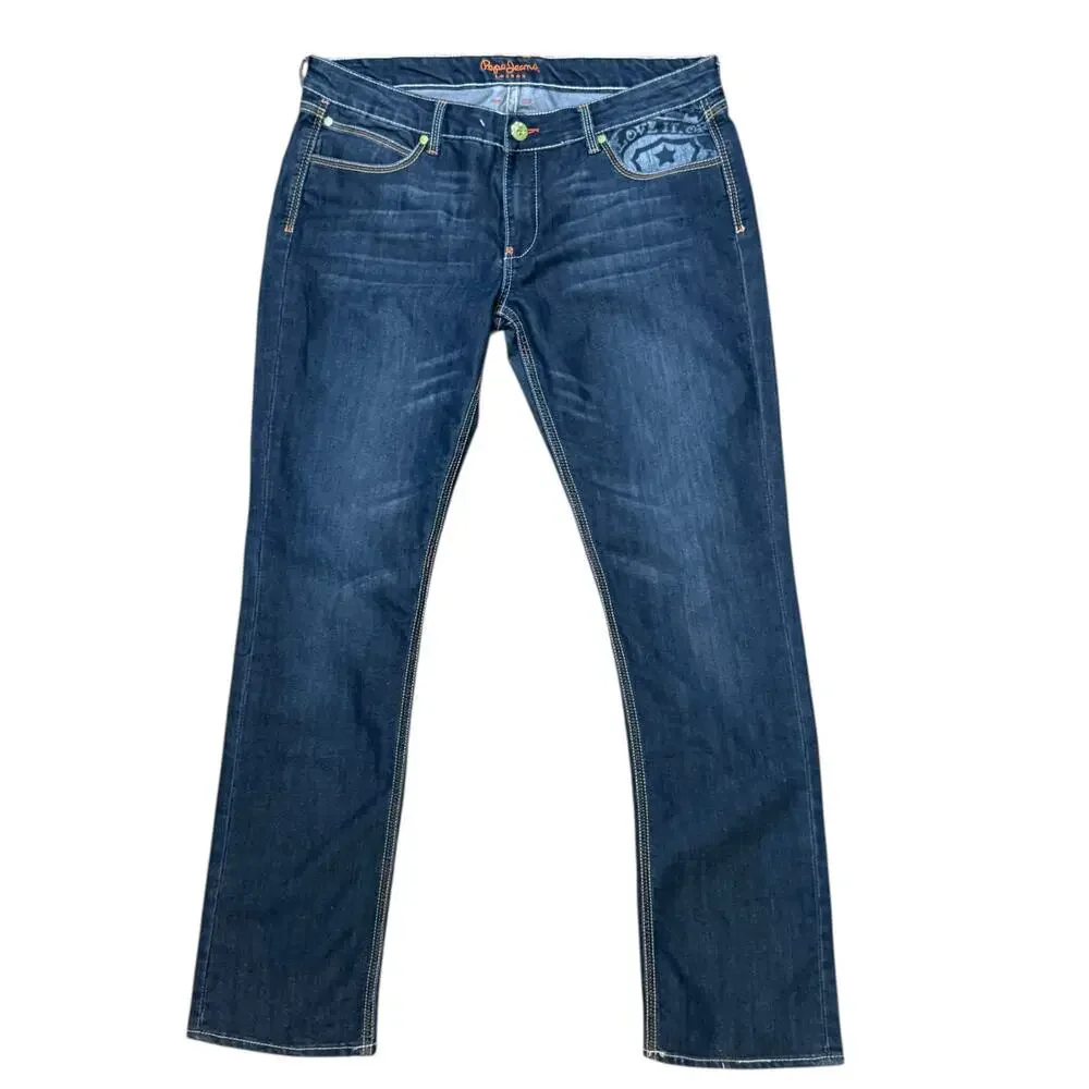 Pepe Jeans Dark Wash Jeans Womens Straight Rose Embroidered 5 Pocket Denim Sz 34